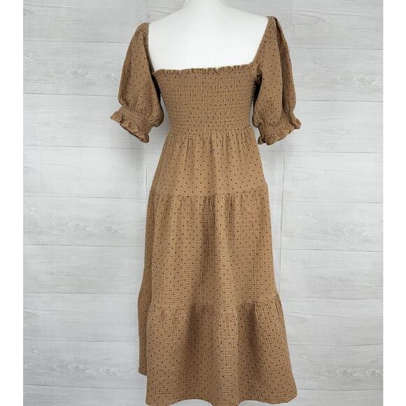 OPT Tiered Babydoll Midi Dress M Puff Sleeve Square Neck Smocked Polka Dot Gauze - Picture 6 of 13
